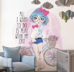 فتاه كيوت مع قطة وعجلة وقفص زهور، (All I want to do is Play with my Cat)