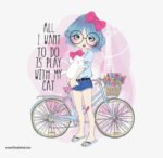 ⁦فتاه كيوت مع قطة وعجلة وقفص زهور، (All I want to do is Play with my Cat)⁩ - الصورة ⁦2⁩