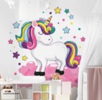 ملصق يوني كورن كيوت-Unicorn-نجوم ألوان-سحاب