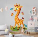ملصق عملاق-زرافة-فراشات-زهور وأوراق الشجر-giraffe